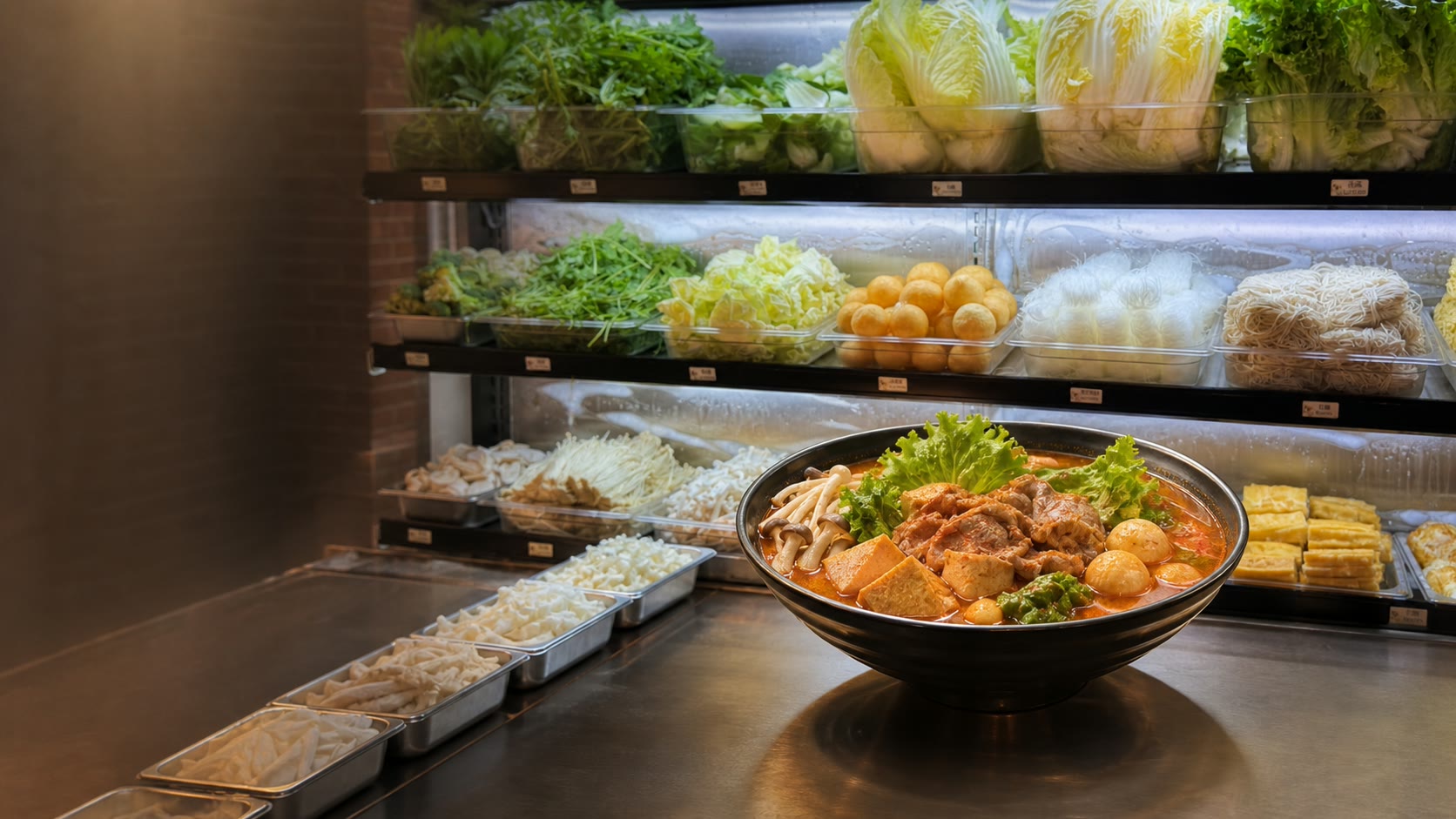 A finished spicy malatang bowl in front of a Yang Guo Fu ingredient display